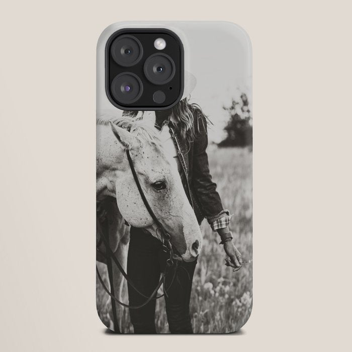 A Cowgirl & Her Horse - Black & White Photo iPhone Case