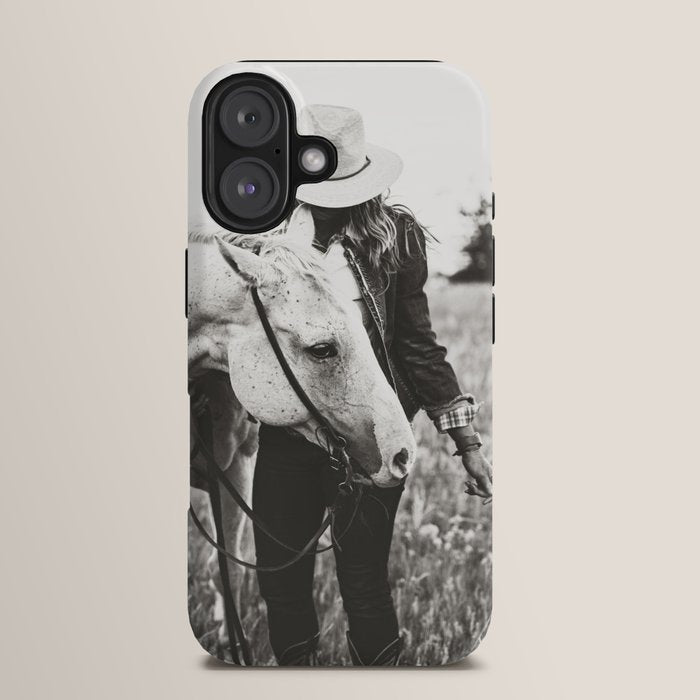 A Cowgirl & Her Horse - Black & White Photo iPhone Case