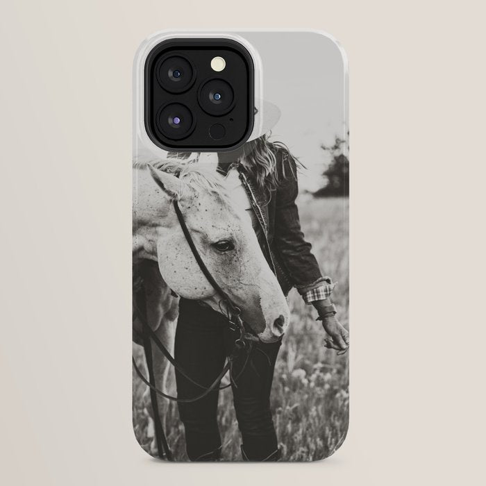A Cowgirl & Her Horse - Black & White Photo iPhone Case