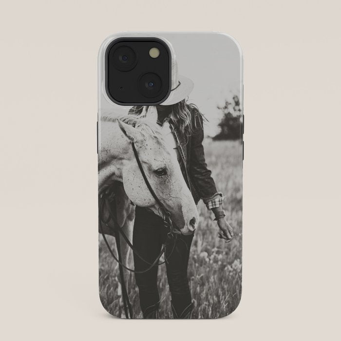A Cowgirl & Her Horse - Black & White Photo iPhone Case