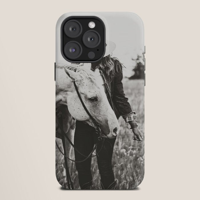 A Cowgirl & Her Horse - Black & White Photo iPhone Case