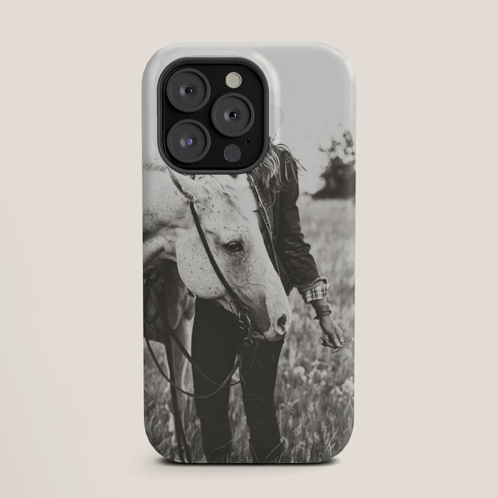 A Cowgirl & Her Horse - Black & White Photo iPhone Case