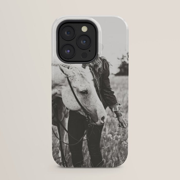 A Cowgirl & Her Horse - Black & White Photo iPhone Case