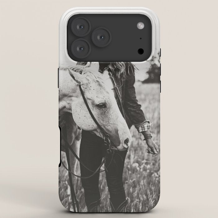 A Cowgirl & Her Horse - Black & White Photo iPhone Case