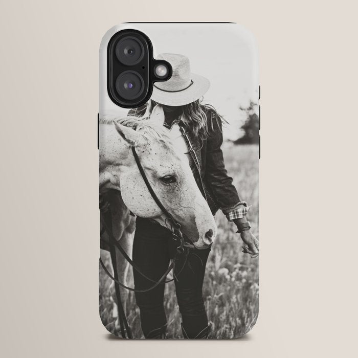 A Cowgirl & Her Horse - Black & White Photo iPhone Case