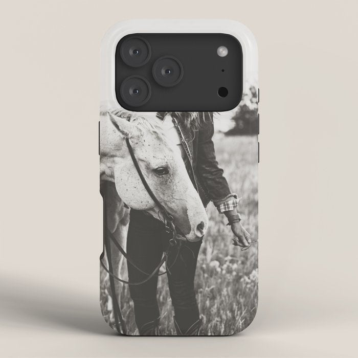 A Cowgirl & Her Horse - Black & White Photo iPhone Case