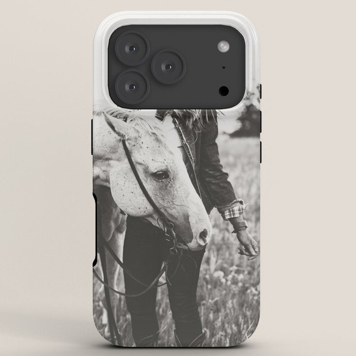 A Cowgirl & Her Horse - Black & White Photo iPhone Case