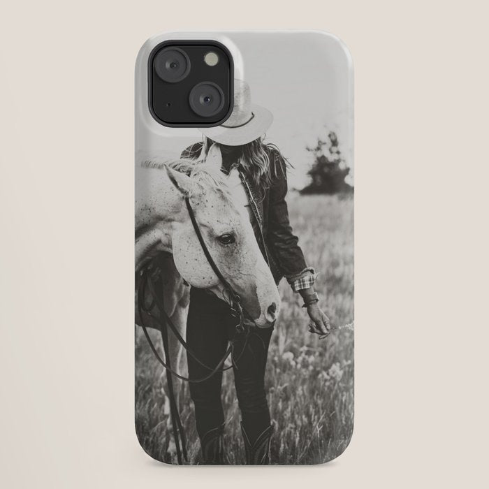 A Cowgirl & Her Horse - Black & White Photo iPhone Case