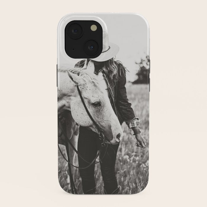 A Cowgirl & Her Horse - Black & White Photo iPhone Case