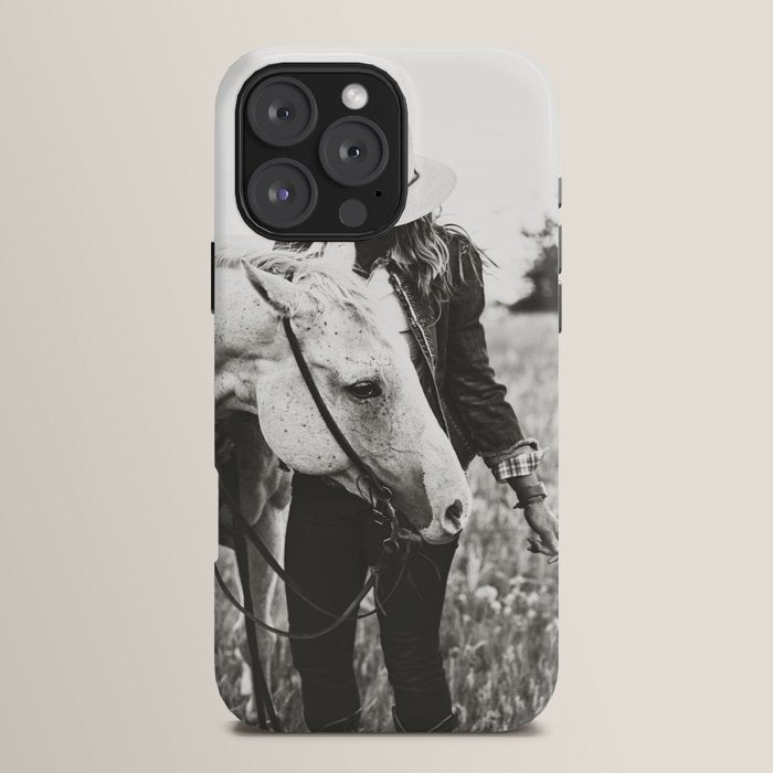 A Cowgirl & Her Horse - Black & White Photo iPhone Case
