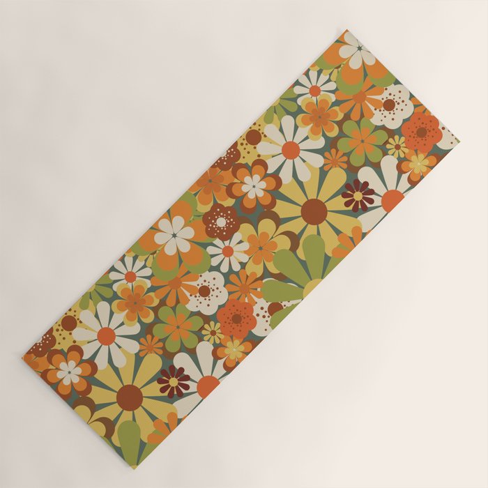 70's Retro Flowers Print Yoga Mat