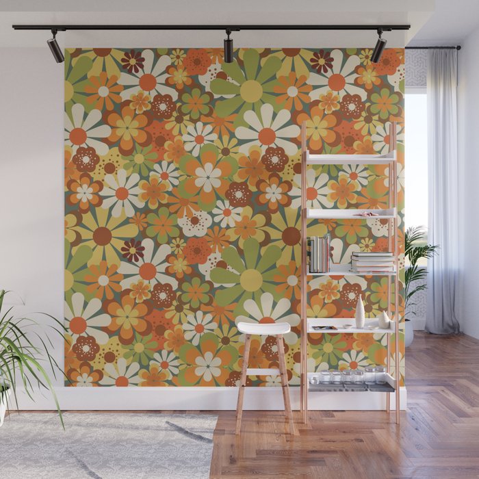 70's Retro Flowers Print Wall Mural