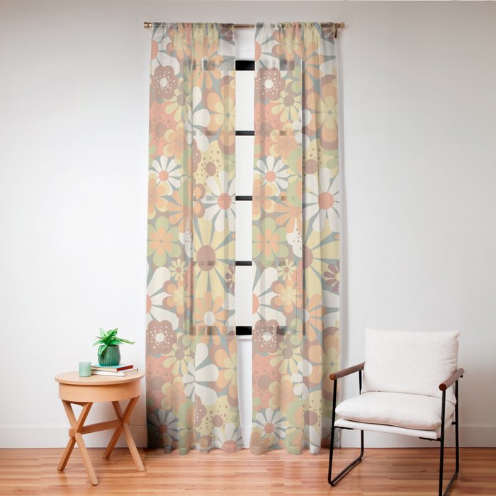 70's Retro Flowers Print Window Curtain