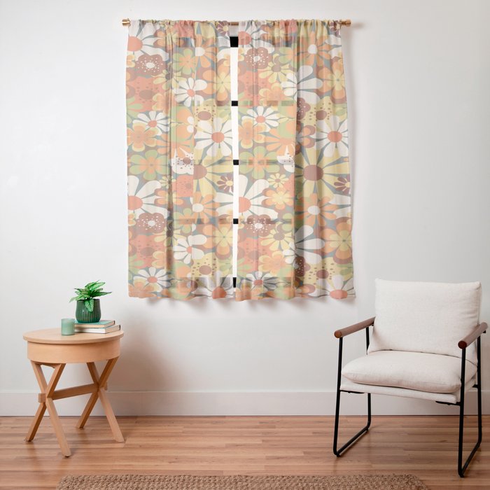 70's Retro Flowers Print Window Curtain