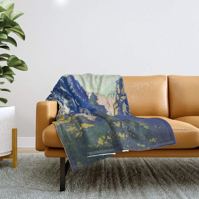 A Departure I - Mountain & Forest Nature Ukiyo Landscape in Blue, Green & Grey Throw Blanket