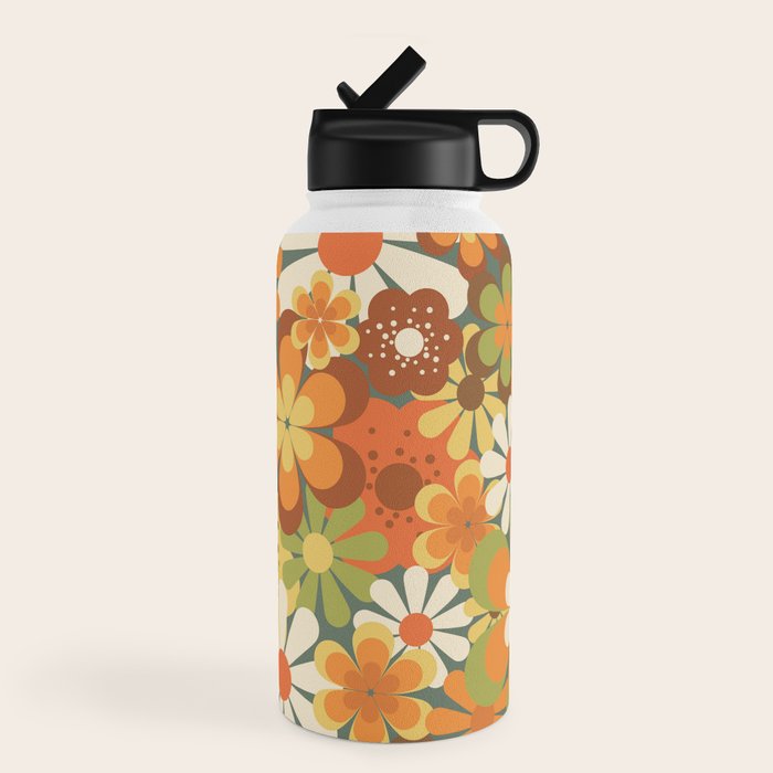 70's Retro Flowers Print Water Bottle