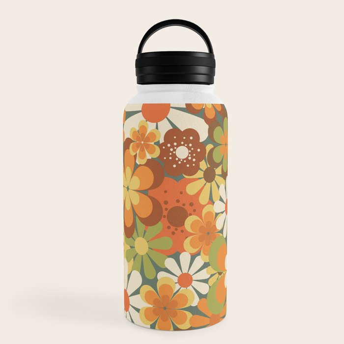 70's Retro Flowers Print Water Bottle
