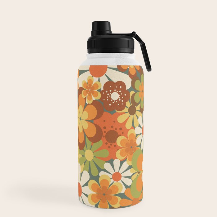 70's Retro Flowers Print Water Bottle
