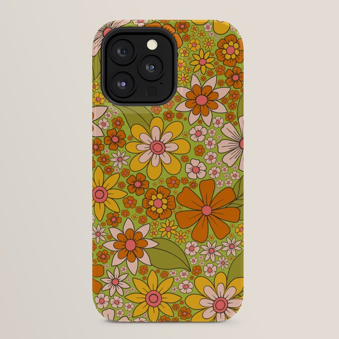 1960s, 1970s Retro Floral in Green, Pink & Orange - Flower Power iPhone Case