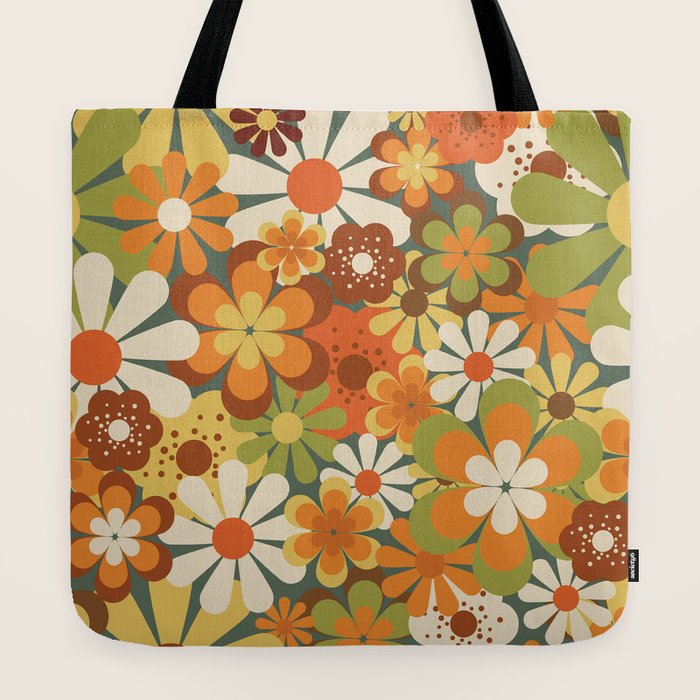 70's Retro Flowers Print Tote Bag