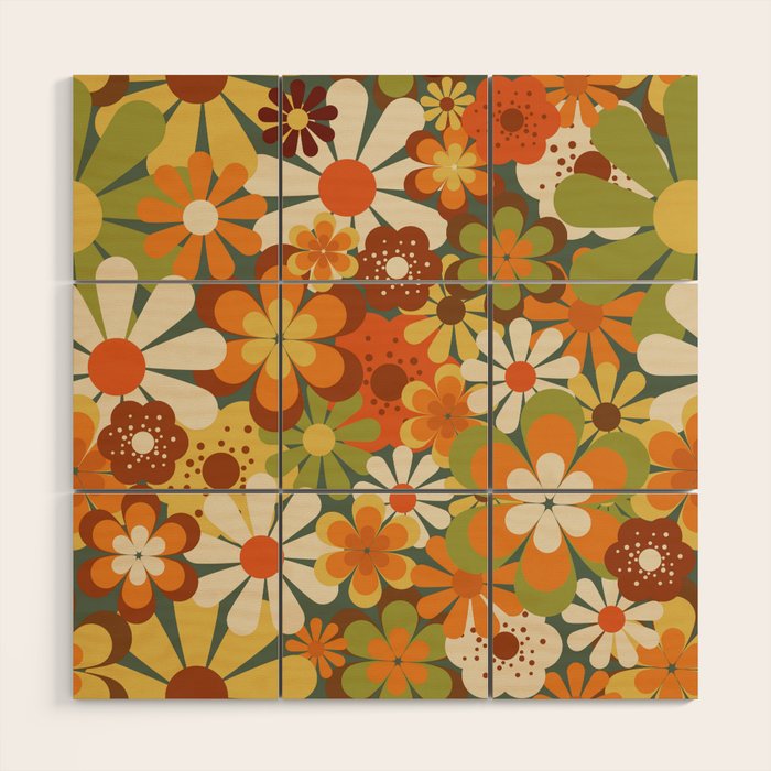 70's Retro Flowers Print Wood Wall Art