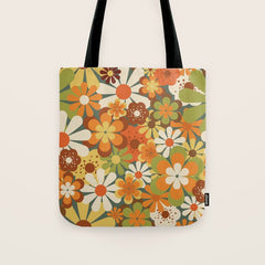 70's Retro Flowers Print Tote Bag
