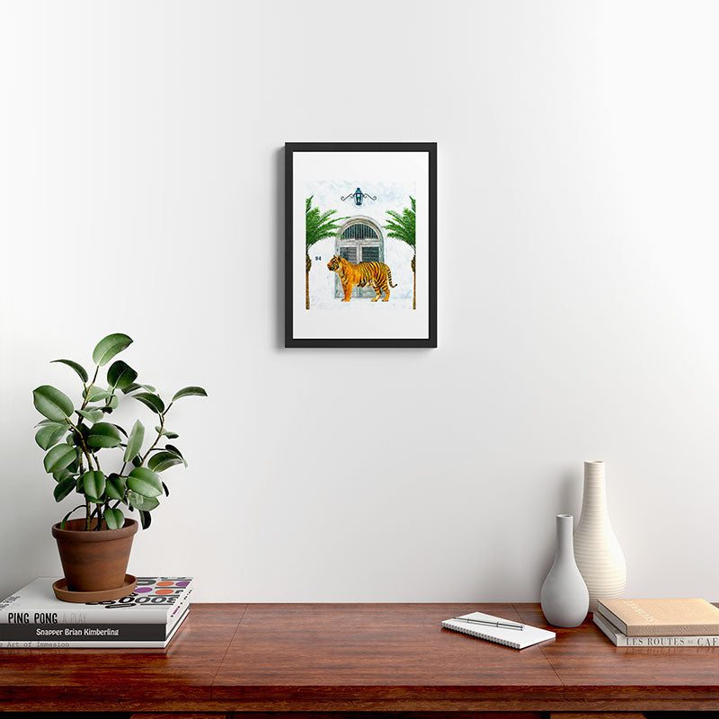 94 Tropical, Greece Architecture Buildings Tiger Wild Cat Watercolor Palm Travel Bohemian Painting Framed Art Print