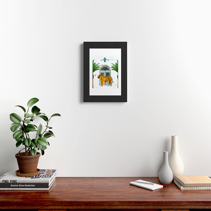 94 Tropical, Greece Architecture Buildings Tiger Wild Cat Watercolor Palm Travel Bohemian Painting Framed Art Print