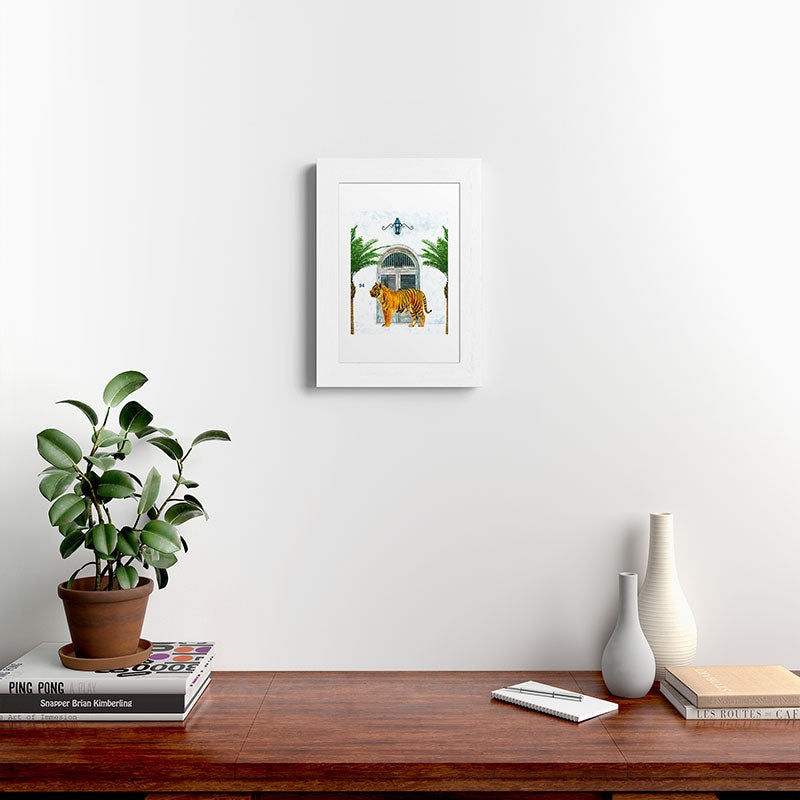 94 Tropical, Greece Architecture Buildings Tiger Wild Cat Watercolor Palm Travel Bohemian Painting Framed Art Print