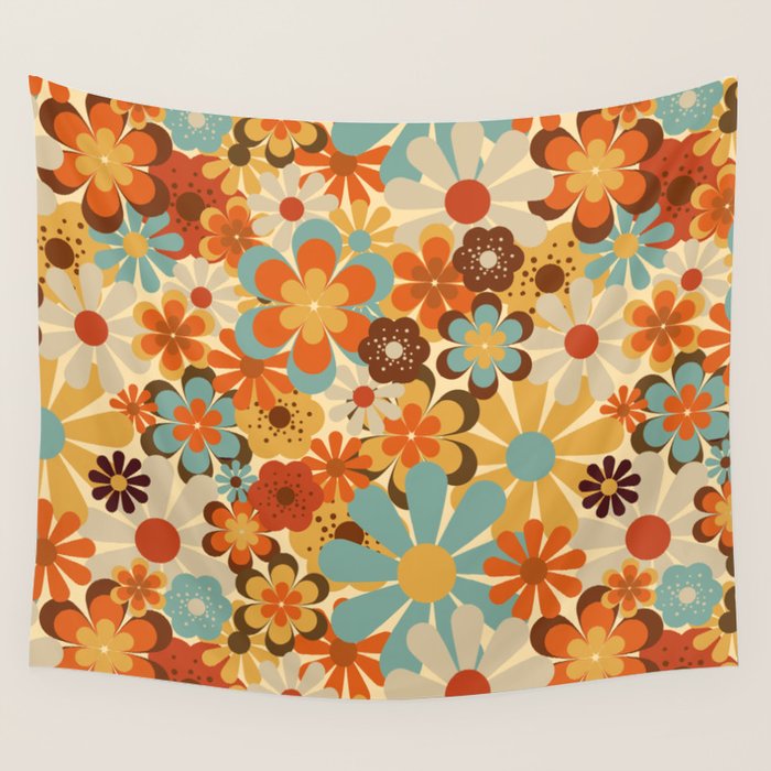 70's Retro Floral Patterned Prints Wall Tapestry