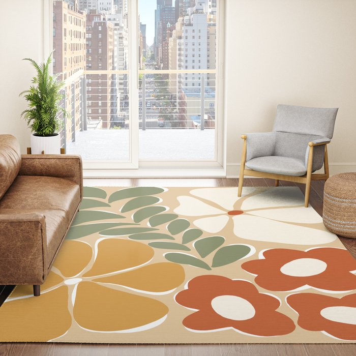 70s boho botanical flowers   Rug