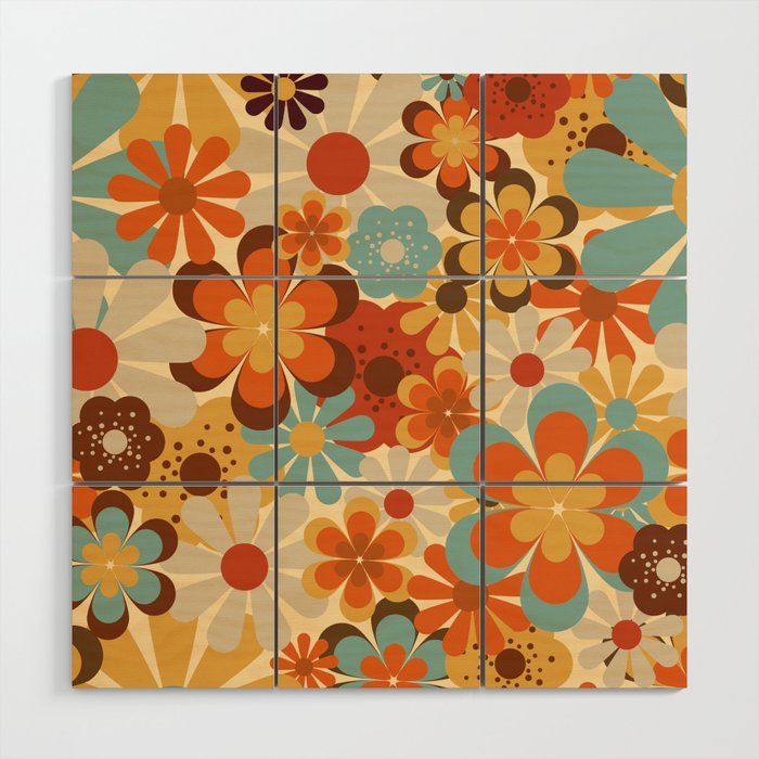 70's Retro Floral Patterned Prints Wood Wall Art