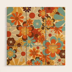 70's Retro Floral Patterned Prints Wood Wall Art