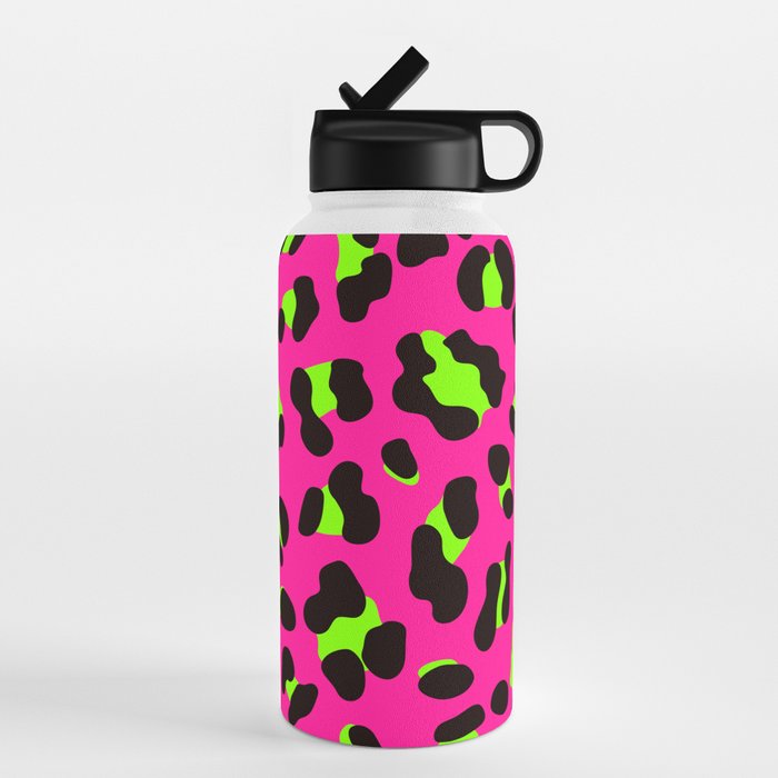 80s Neon Pink and Lime Green Leopard Water Bottle