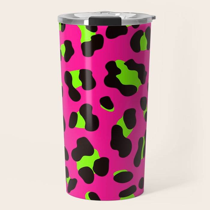 80s Neon Pink and Lime Green Leopard Travel Mug