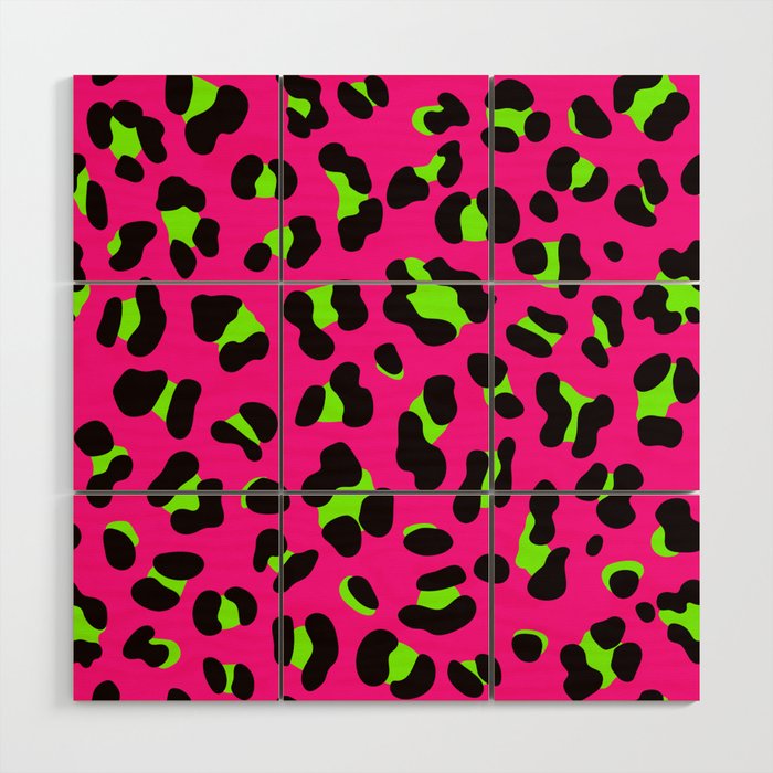 80s Neon Pink and Lime Green Leopard Wood Wall Art