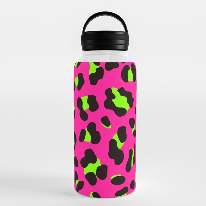 80s Neon Pink and Lime Green Leopard Water Bottle