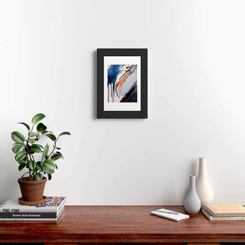 708 - a minimal mixed media abstract piece in blues, pinks, and white Framed Art Print