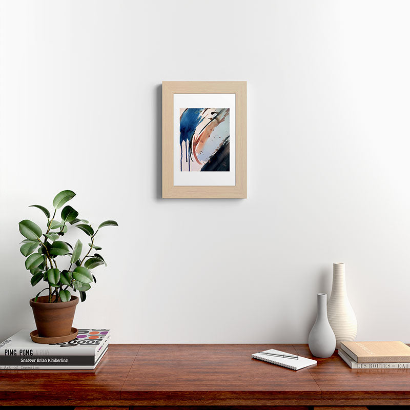 708 - a minimal mixed media abstract piece in blues, pinks, and white Framed Art Print
