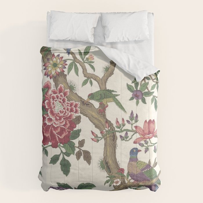 18th Century Chinoiserie Magpie Ivory Peony Garden Comforter