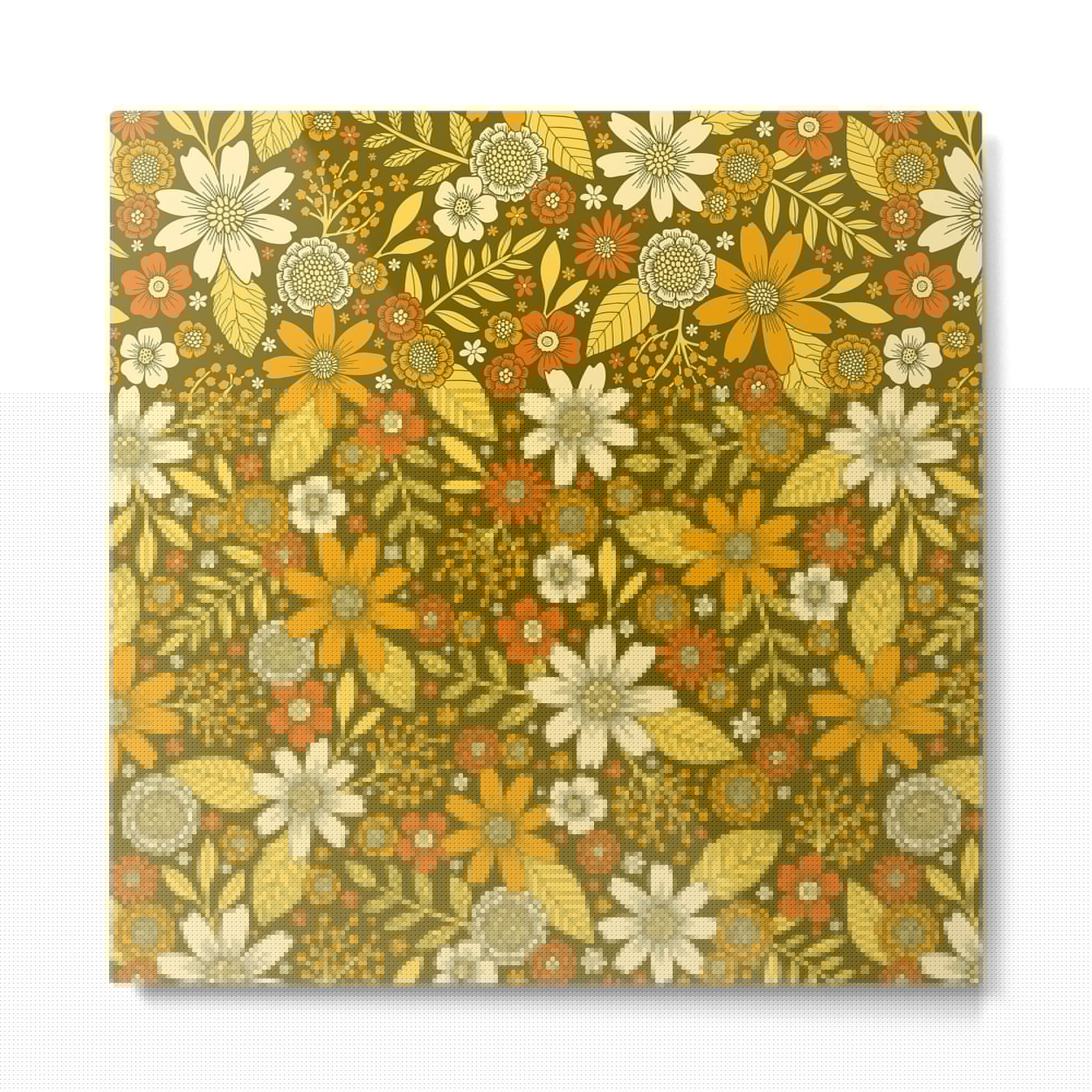 1970s Retro Flowers Pattern in Yellow, Orange & Olive Green Metal Print