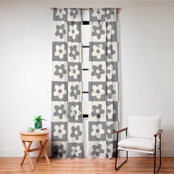 90s flowers checkers cream and black Window Curtain
