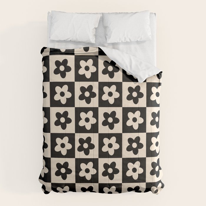 90s flowers checkers cream and black Comforter
