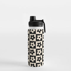 90s flowers checkers cream and black Water Bottle