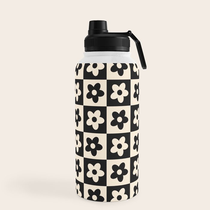90s flowers checkers cream and black Water Bottle