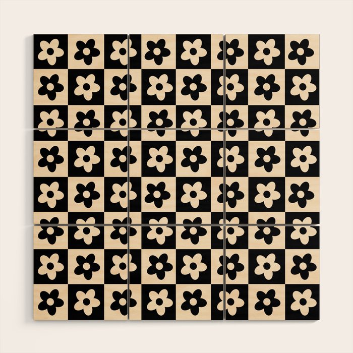 90s flowers checkers cream and black Wood Wall Art