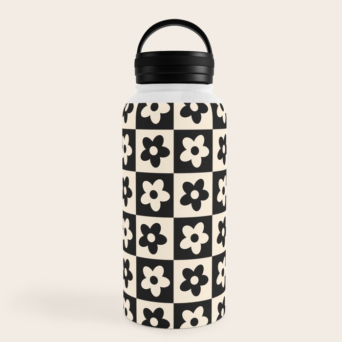 90s flowers checkers cream and black Water Bottle