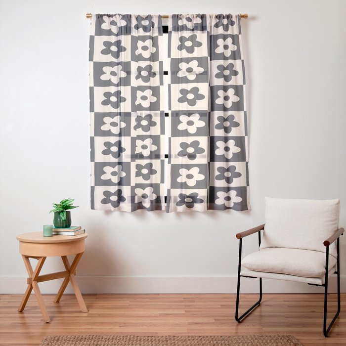 90s flowers checkers cream and black Window Curtain