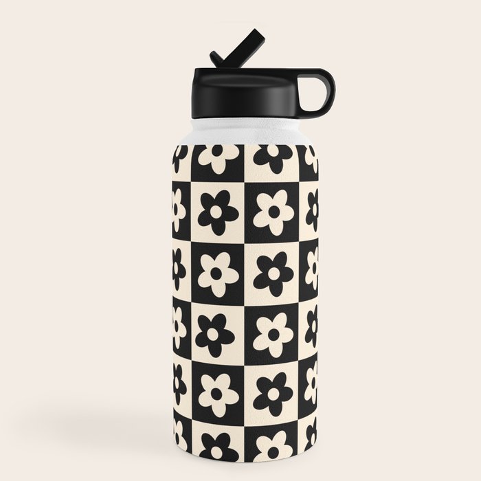 90s flowers checkers cream and black Water Bottle