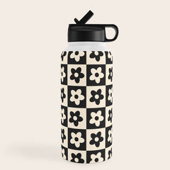 90s flowers checkers cream and black Water Bottle